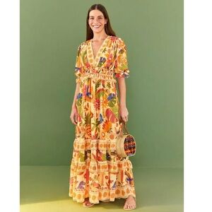 Farm Rio Yellow Rio Tapestry Floral Maxi V-Neck Ruffle Dress